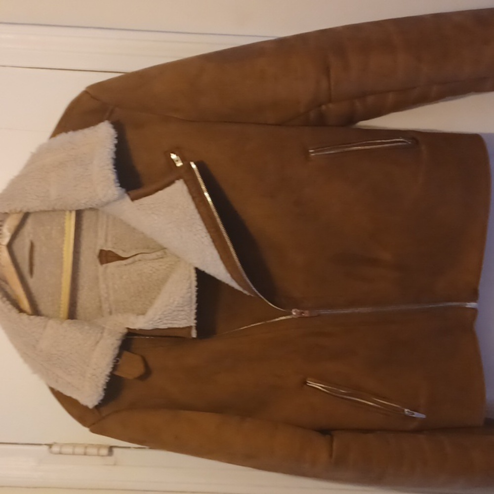 Brown winter biker style jacket with sherpa collar & lining.